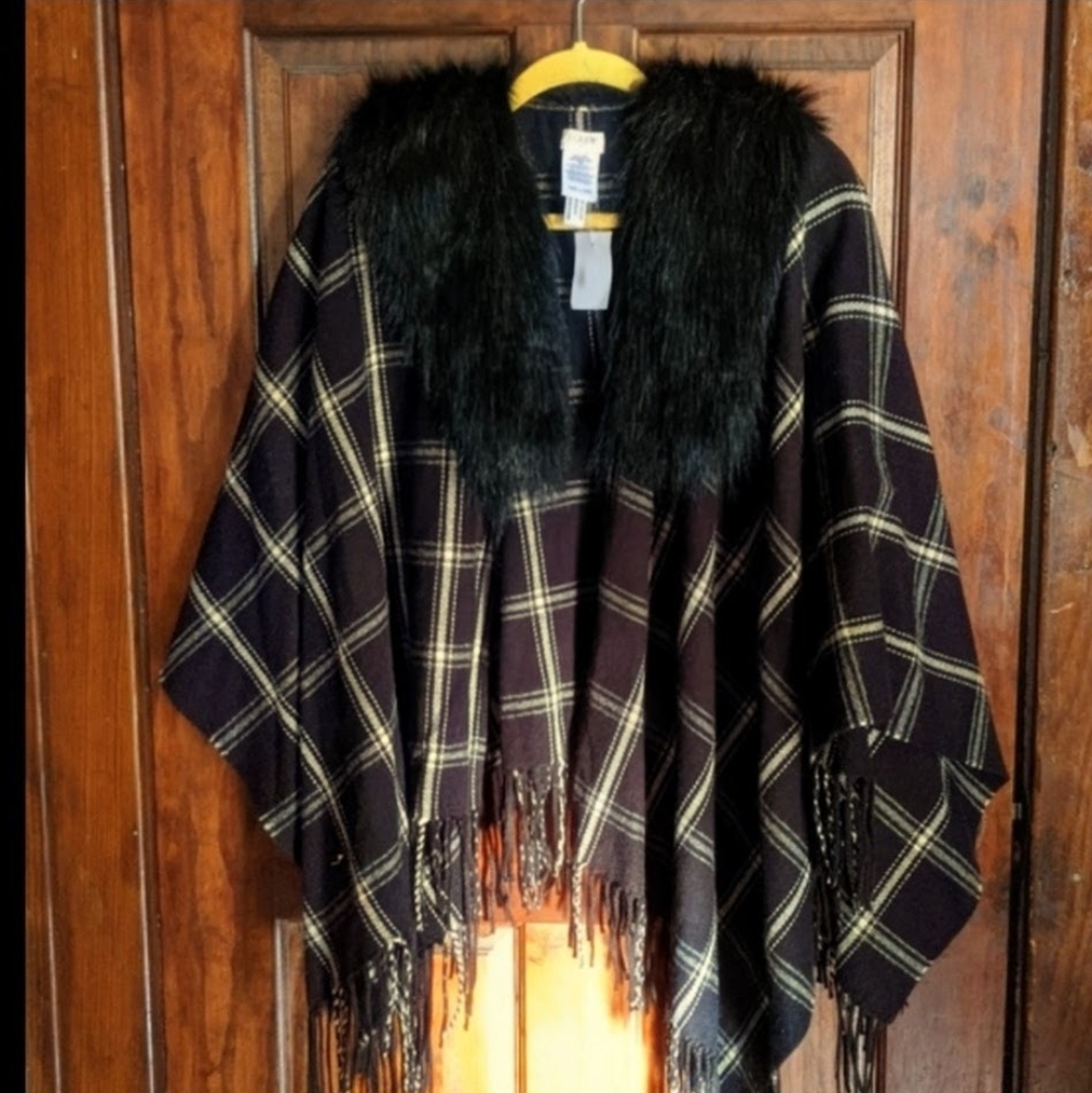 J. Crew Black Faux Fur Poncho